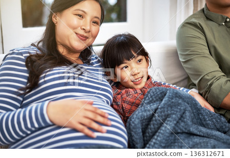 Relax, sofa and child with pregnant mother watching tv in home with movie, film or show with bonding. Happy, pregnancy and Asian kid with mom for streaming series in living room together in house. Relax, sofa and child with pregnant mother watching tv in home with movie, film or show with bonding. Happy, pregnancy and Asian kid with mom for streaming series in living room together in house. 136312671
