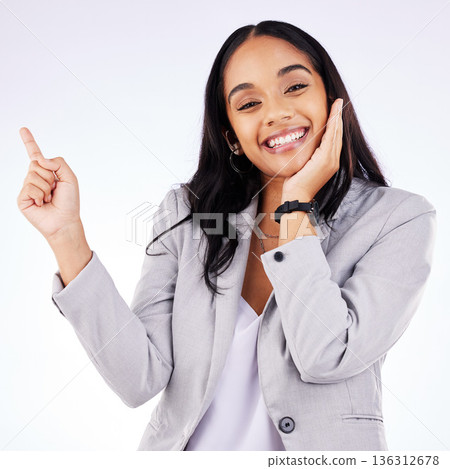 Advertising, portrait or happy woman point at business space, discount information or corporate sales announcement. Retail price, presentation or professional studio person on white background 136312678