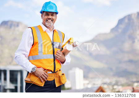 Man, engineering portrait and city with blueprint construction, project management and outdoor design. Happy face of architecture person, contractor or industrial manager in helmet and floor plan Man, engineering portrait and city with blueprint construction, project management and outdoor design. Happy face of architecture person, contractor or industrial manager in helmet and floor plan 136312708