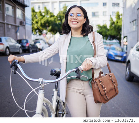 Business woman, bicycle and thinking in street, city and sustainable travel with smile, ideas and accountability. Young entrepreneur, employee and bike for ecology, climate change or transport in cbd Business woman, bicycle and thinking in street, city and sustainable travel with smile, ideas and accountability. Young entrepreneur, employee and bike for ecology, climate change or transport in cbd 136312723