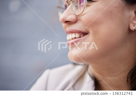 Dental hygiene, smile and teeth of a woman for closeup on happiness, motivation and positive mindset. Zoom, face and mouth of a happy female person with cosmetics, confidence and wellness profile 136312741