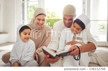 Happy family, Muslim parents or children reading book for learning, Islamic knowledge or studying in Allah or God. Support, dad or Arabic mom teaching kids worship, prayer or holy Quran at home Happy family, Muslim parents or children reading book for learning, Islamic knowledge or studying in Allah or God. Support, dad or Arabic mom teaching kids worship, prayer or holy Quran at home 136312786