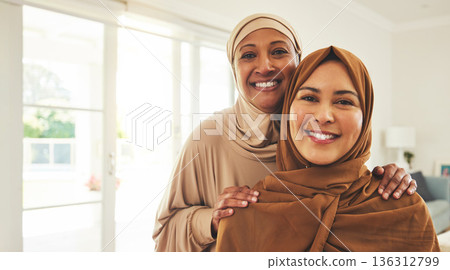 Happy portrait, senior mother and muslim daughter, family or women bonding, smile and enjoy quality time together. Love, face and elderly mom, Islamic woman or Arabic people in Dubai holiday home 136312799