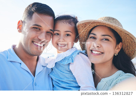 Family, portrait and girl in selfie with happiness in summer for quality time on vacation. Memory, love and kid with parent with smile in outdoor for bonding on weekend with travel for adventure. Family, portrait and girl in selfie with happiness in summer for quality time on vacation. Memory, love and kid with parent with smile in outdoor for bonding on weekend with travel for adventure. 136312827