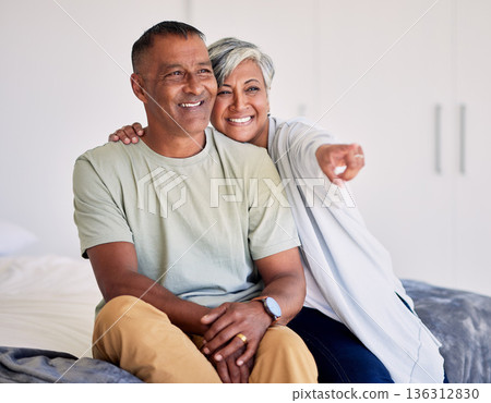 Happiness, bed and senior couple point at Mexico view, smile and enjoy time together, bonding and happy in home apartment. Honeymoon vacation, care or elderly man, woman or people gesture in bedroom Happiness, bed and senior couple point at Mexico view, smile and enjoy time together, bonding and happy in home apartment. Honeymoon vacation, care or elderly man, woman or people gesture in bedroom 136312830