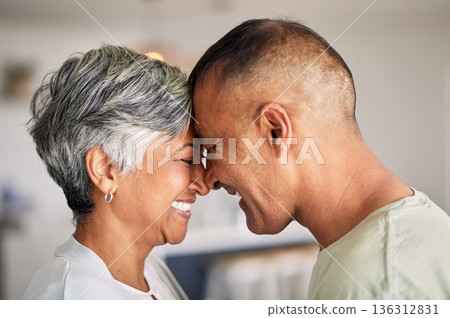 Home, forehead and senior couple with love, happiness and retirement with romance, affection and bonding. Romantic, old woman or elderly man embrace, relationship and loving together with affection Home, forehead and senior couple with love, happiness and retirement with romance, affection and bonding. Romantic, old woman or elderly man embrace, relationship and loving together with affection 136312831