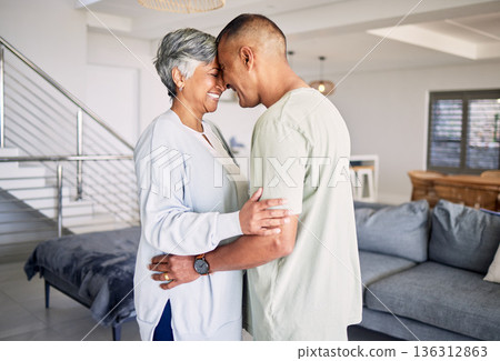 Home, hug and senior couple with love, marriage and retirement with happiness, romance and bonding. Romantic, old woman or elderly man embrace, relationship or care with affection and loving together Home, hug and senior couple with love, marriage and retirement with happiness, romance and bonding. Romantic, old woman or elderly man embrace, relationship or care with affection and loving together 136312863