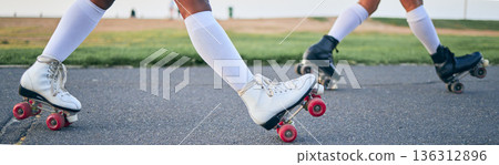 Legs, roller skates and shoes of friends on street for exercise, workout or training outdoor. Skating, feet of people and sports on road to travel, journey and moving for freedom, hobby and fitness 136312896