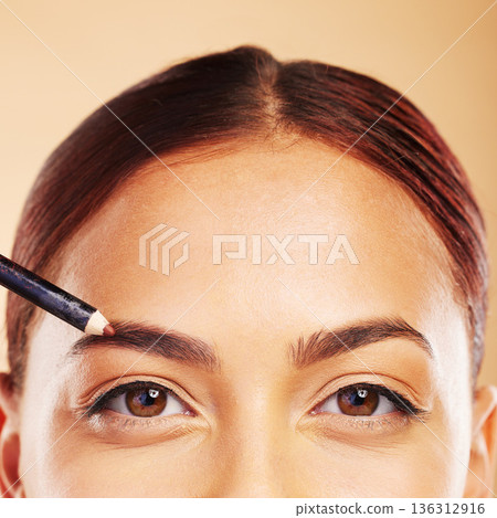 Makeup, eyebrow pencil and woman with cosmetic beauty application in portrait isolated in studio background. Closeup, facial or person with face for microblading aesthetic, glow or glamour product 136312916