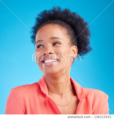 Happy, thinking and business with face of black woman in studio for professional, creative or pride. Entrepreneur, career and happiness with employee on blue background for confidence and empowerment 136312932