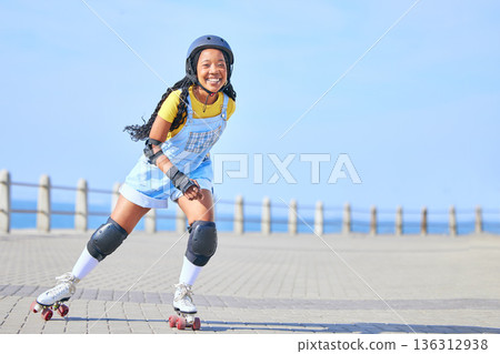 Skating, portrait and woman on promenade for learning, fun and weekend skate. Summer, smile and African person with mockup while on roller skates for a trendy activity, hobby and vacation in street 136312938
