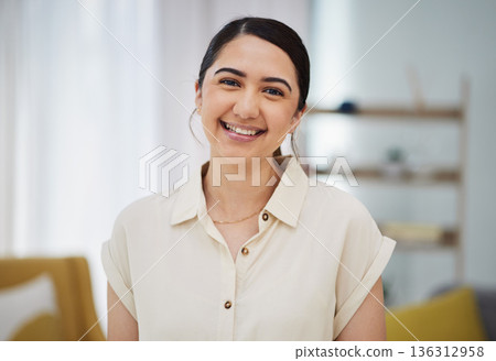 Portrait, smile and woman in home to relax in good mood, me time and self care in Colombia. Face of happy young female person in living room with confidence, freedom and enjoy break in apartment 136312958