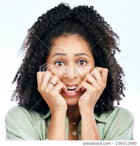 Bite nails, anxiety and portrait of woman on a white background with worry, doubt and uncertain. Scared, face and female person worried, anxious and unsure for problem, crisis and choice in studio Bite nails, anxiety and portrait of woman on a white background with worry, doubt and uncertain. Scared, face and female person worried, anxious and unsure for problem, crisis and choice in studio 136312980