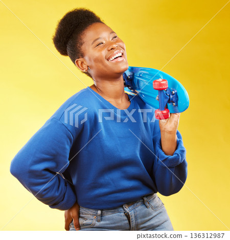 Skater, thinking or happy black woman with skateboard laughing isolated on yellow background in studio. Trendy African student, gen z or skateboarder with freedom, fun ideas or funny joke to relax Skater, thinking or happy black woman with skateboard laughing isolated on yellow background in studio. Trendy African student, gen z or skateboarder with freedom, fun ideas or funny joke to relax 136312987