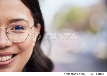 Woman face, outdoor portrait and space for mock up with smile, blurred background and bokeh in street. Business person, happy and closeup with glasses, vision and healthy eyes in city, metro or road 136313001