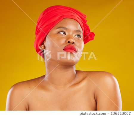 Beauty, makeup and cosmetics with face of black woman in studio for red head scarf, creative and pride. Skincare, salon and spa with female model on brown background for wellness, self care and glow Beauty, makeup and cosmetics with face of black woman in studio for red head scarf, creative and pride. Skincare, salon and spa with female model on brown background for wellness, self care and glow 136313007