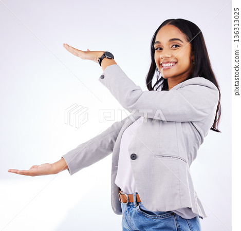 Advertising, woman portrait and big hand size gesture for product space, brand logo design or sales announcement. Studio commercial, presentation and happy branding person on mockup white background 136313025