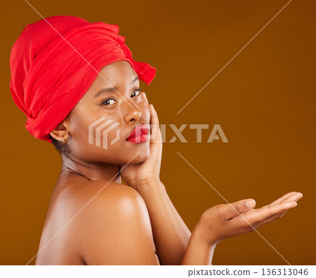 Beauty, makeup and show with face of black woman in studio for mockup, creative and cosmetics. Skincare, salon and presentation with female model on brown background for wellness, self care and glow Beauty, makeup and show with face of black woman in studio for mockup, creative and cosmetics. Skincare, salon and presentation with female model on brown background for wellness, self care and glow 136313046