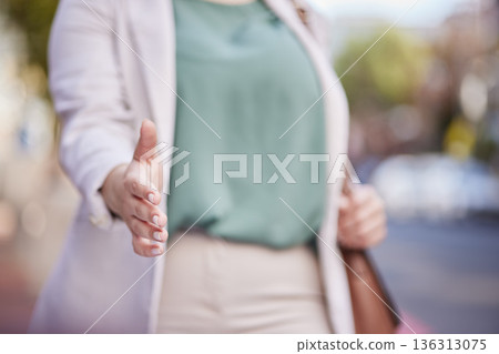 Meeting, partnership and handshake of business woman in city for thank you, deal and support. Contract, introduction and shaking hands with closeup of employee for offer, welcome and agreement Meeting, partnership and handshake of business woman in city for thank you, deal and support. Contract, introduction and shaking hands with closeup of employee for offer, welcome and agreement 136313075