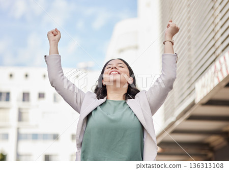 Business woman, winner and success in city for job celebration, career opportunity or bonus. Yes, freedom and happy professional person for outdoor achievement, motivation and news, goals or target 136313108