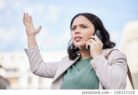 Outdoor, phone call and angry business woman in city with mistake and stress from work. Burnout, urban and female professional frustrated from fail with anxiety and mobile networking in conversation 136313129