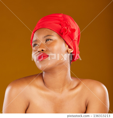 Woman, red lipstick and hair scarf with beauty, face makeup and haircare in studio. Brown background, African female person and cosmetics of a model with head wrap for culture with skincare glow 136313213