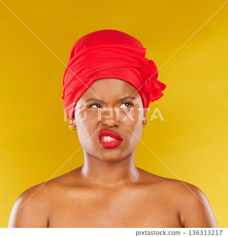 Makeup, fail and face of black woman in studio angry with cosmetic or results on yellow background. Beauty, mistake and African female model frustrated with lipstick, color or treatment disaster Makeup, fail and face of black woman in studio angry with cosmetic or results on yellow background. Beauty, mistake and African female model frustrated with lipstick, color or treatment disaster 136313217