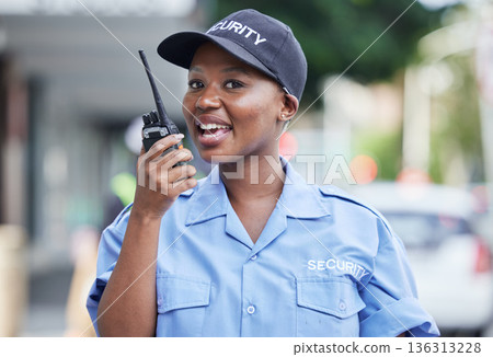 Security woman, radio and portrait in city, communication and contact for backup, support or safety in street. African protection agent, audio tech and talk with info in metro, cbd or road for crime Security woman, radio and portrait in city, communication and contact for backup, support or safety in street. African protection agent, audio tech and talk with info in metro, cbd or road for crime 136313228