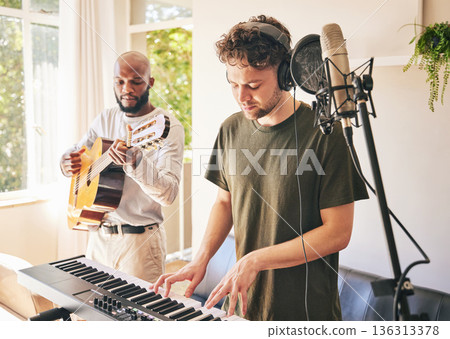 Piano, recording music and friends with guitar in home studio together. Electric keyboard, instrument and microphone of singer in collaboration for acoustic production with headphones of creative men 136313378
