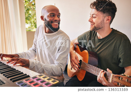 Friends, band and smile with piano, guitar and song production in home studio together. Happy men, musicians and collaboration with keyboard, acoustic instrument and creative talent for performance Friends, band and smile with piano, guitar and song production in home studio together. Happy men, musicians and collaboration with keyboard, acoustic instrument and creative talent for performance 136313389