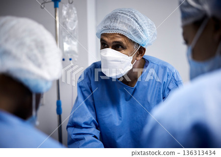 Surgery, surgeon or doctors with mask for emergency, accident or healthcare in hospital clinic. People, medical or nurses in surgical collaboration helping in operating room with teamwork or support 136313434
