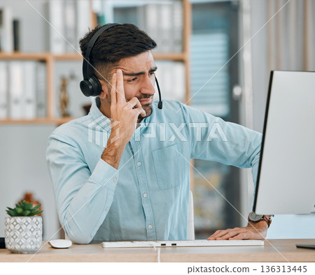 Stress, call center problem or man at computer, telemarketing agency and fail of anxiety, frustrated error or 404 glitch. Confused salesman at pc with challenge, client account mistake and CRM crisis Stress, call center problem or man at computer, telemarketing agency and fail of anxiety, frustrated error or 404 glitch. Confused salesman at pc with challenge, client account mistake and CRM crisis 136313445