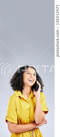 Happy woman, phone call and thinking on mockup space for communication against a white studio background. Female person smile in wonder for talking, conversation or discussion on mobile smartphone 136313471