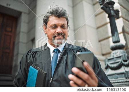 Senior lawyer man, phone and street with smile, thinking and communication on internet app in metro. Happy mature judge, smartphone and reading with ideas on web chat, social media or contact in city Senior lawyer man, phone and street with smile, thinking and communication on internet app in metro. Happy mature judge, smartphone and reading with ideas on web chat, social media or contact in city 136313508
