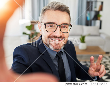 Hands, peace and business man selfie in office for profile picture, photo or break. Portrait, happy and guy ceo influencer pose for podcast, blog or social media post at work with content creation 136313563
