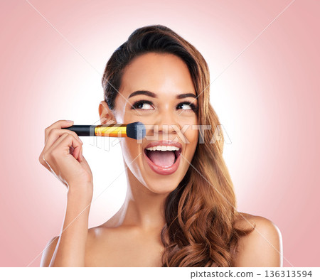 Beauty, eyeshadow and face of happy woman with makeup brush for salon, wellness or luxury. Cosmetology, aesthetic and female person with tools for foundation, cosmetics and glamour on pink background Beauty, eyeshadow and face of happy woman with makeup brush for salon, wellness or luxury. Cosmetology, aesthetic and female person with tools for foundation, cosmetics and glamour on pink background 136313594