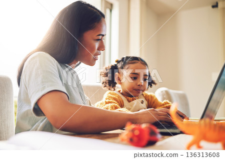 Laptop, family and mother with girl for home education, website search and games for holiday, helping and support. Computer, watch and live streaming service of latino mom and child with e learning 136313608