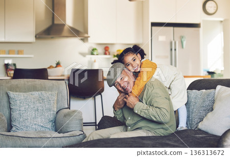 Hug, grandfather playing or portrait of happy child in family home on sofa with love bonding together. Care, affection or senior grandfather relaxing with young girl, smile or kid on couch in house Hug, grandfather playing or portrait of happy child in family home on sofa with love bonding together. Care, affection or senior grandfather relaxing with young girl, smile or kid on couch in house 136313672