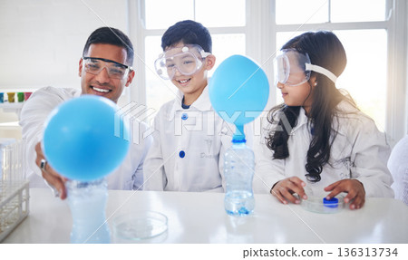 Family, science and father with kids in a laboratory with balloon for chemistry, reaction or experiment. Physics, test and parent with children in lab with bottle for learning, analysis and teaching Family, science and father with kids in a laboratory with balloon for chemistry, reaction or experiment. Physics, test and parent with children in lab with bottle for learning, analysis and teaching 136313734