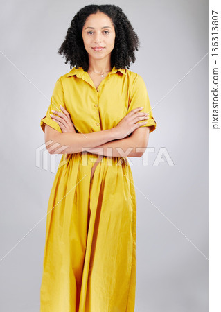 Serious, arms cross and portrait of business woman in studio for professional, creative and design. Pride, startup and confidence with employee on white background for career, entrepreneur or mindset 136313807
