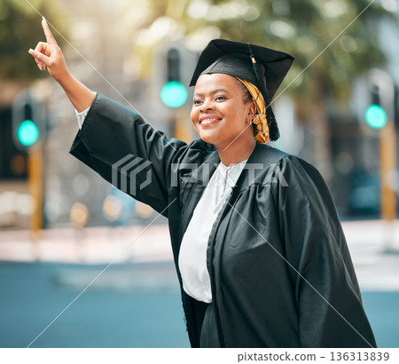 City travel, student and black woman stop, point or hail taxi, cab or metro bus for transport ride to university graduation. Happy, education and African college person gesture for morning car trip City travel, student and black woman stop, point or hail taxi, cab or metro bus for transport ride to university graduation. Happy, education and African college person gesture for morning car trip 136313839