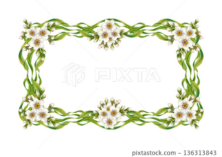 Floral frame with wavy green leaves, white flowers. Botanical watercolor horizontal template in vintage style. Perfect for wedding invites, botanical prints, eco design, summer and spring decoration 136313843