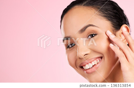 Skincare mockup, beauty and portrait of woman in studio for wellness, facial treatment and cosmetics. Dermatology, spa and female person touching face for health, glow and shine on pink background Skincare mockup, beauty and portrait of woman in studio for wellness, facial treatment and cosmetics. Dermatology, spa and female person touching face for health, glow and shine on pink background 136313854