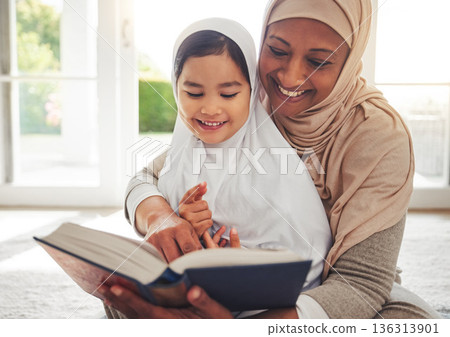 Quran, Muslim child or happy grandmother reading for learning, Islamic knowledge and hope in Allah, god or culture. Religion book, home or senior Arab woman teaching kid worship, respect or gratitude Quran, Muslim child or happy grandmother reading for learning, Islamic knowledge and hope in Allah, god or culture. Religion book, home or senior Arab woman teaching kid worship, respect or gratitude 136313901