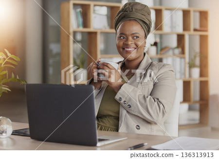 Thinking, coffee and happy business black woman with laptop for brainstorming, ideas and planning. Corporate, African and female person relax in workplace with beverage, caffeine and tea on break 136313913
