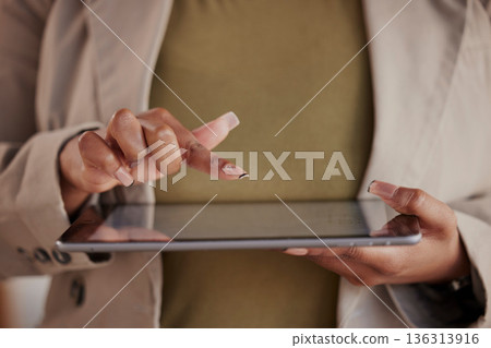 Business woman, hands and tablet for online planning, company data and research internet information. Closeup, female worker and scroll on digital technology for network connection, website and app Business woman, hands and tablet for online planning, company data and research internet information. Closeup, female worker and scroll on digital technology for network connection, website and app 136313916