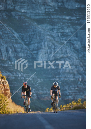 Mountain, fitness and male athletes cycling on bicycles training for a race or marathon in nature. Sports, workout and men cyclists riding a bike for cardio exercise on an outdoor off road trail. 136313930