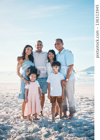 Beach, happy and portrait of a big family on a vacation, adventure or weekend trip for summer. Smile, bonding and children by the ocean with their parents and grandparents on tropical travel holiday. Beach, happy and portrait of a big family on a vacation, adventure or weekend trip for summer. Smile, bonding and children by the ocean with their parents and grandparents on tropical travel holiday. 136313945
