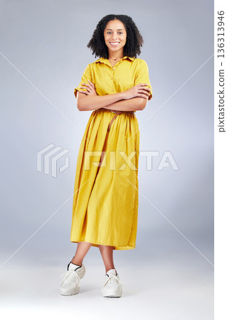 Arms crossed, smile and portrait of business woman in studio for professional, creative and designer. Pride, startup and happy with employee on white background for career, entrepreneur and mockup Arms crossed, smile and portrait of business woman in studio for professional, creative and designer. Pride, startup and happy with employee on white background for career, entrepreneur and mockup 136313946