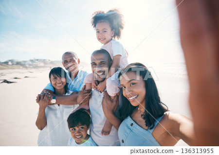 Selfie, beach and portrait of parents and children on holiday, quality time and vacation in nature. Big family, travel and grandparents with mom, dad and kids by ocean for picture, memories and fun Selfie, beach and portrait of parents and children on holiday, quality time and vacation in nature. Big family, travel and grandparents with mom, dad and kids by ocean for picture, memories and fun 136313955